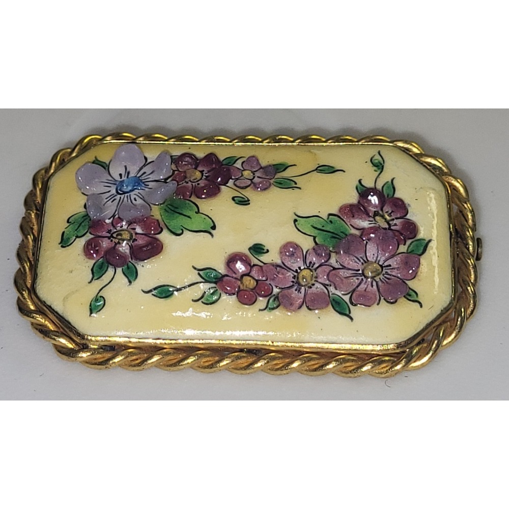 Emaux des Cevennes Brooch Pin French Enamel Hand Painted Floral Gold Tone Vtg
